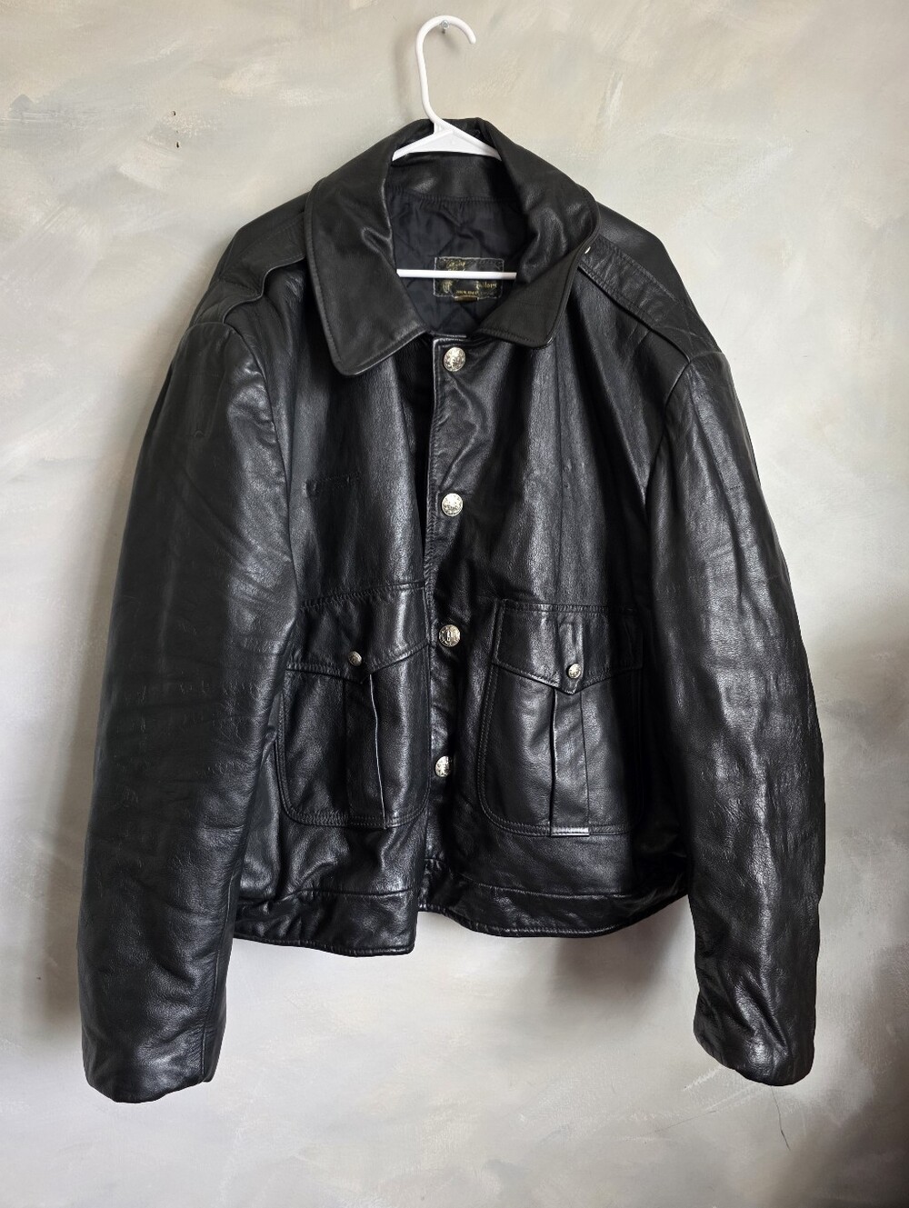Vtg Black Leather Police Bomber Jacket Heavyweight Sz 50